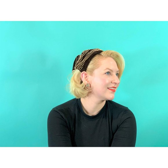 Vintage 1940s Snood Hat Brown Velvet Beaded Ponytail Headband - Picture 7 of 10